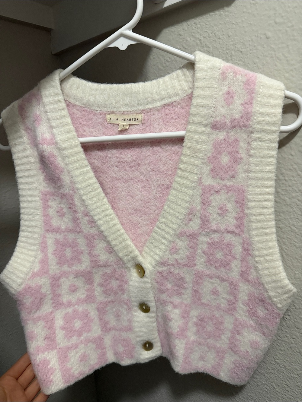 La Hearts Pink & Cream Floral Knit V-Neck Button Vest